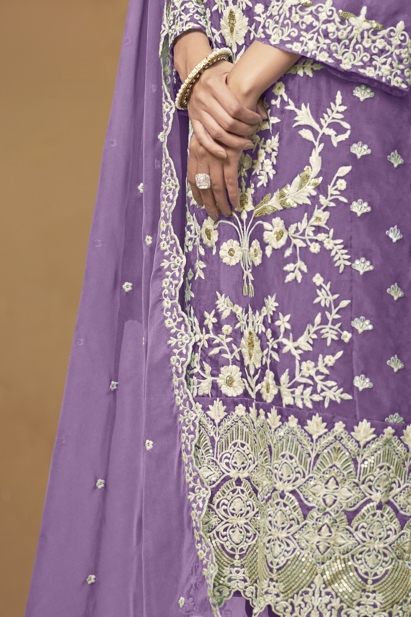 Purple Organza Embroidered Pant Style Suit with Sequins
