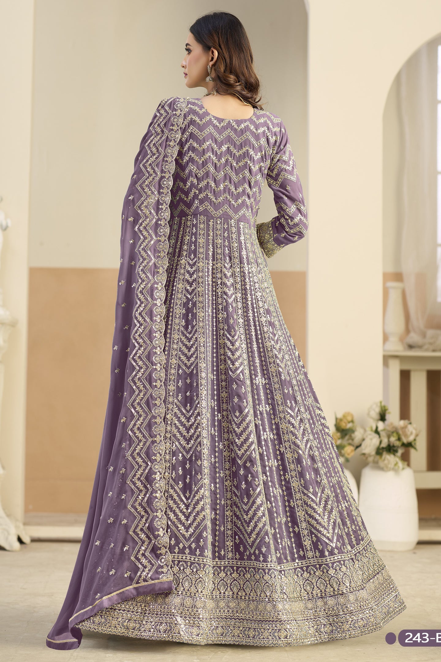 Purple Georgette Anarkali Dress for Wedding with Embroidery Work