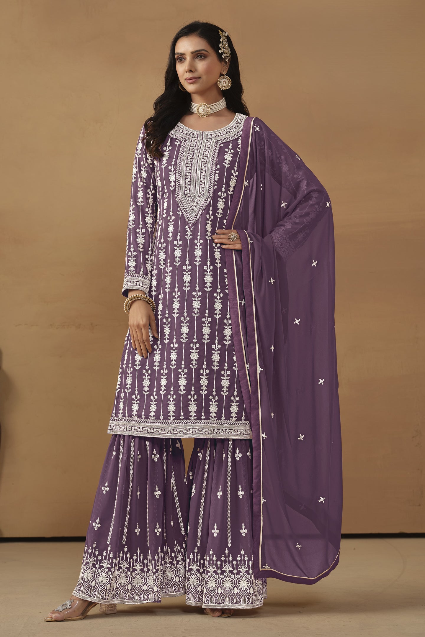 Purple Georgette Thread Embroidery Pakistani Sharara Suits for Wedding