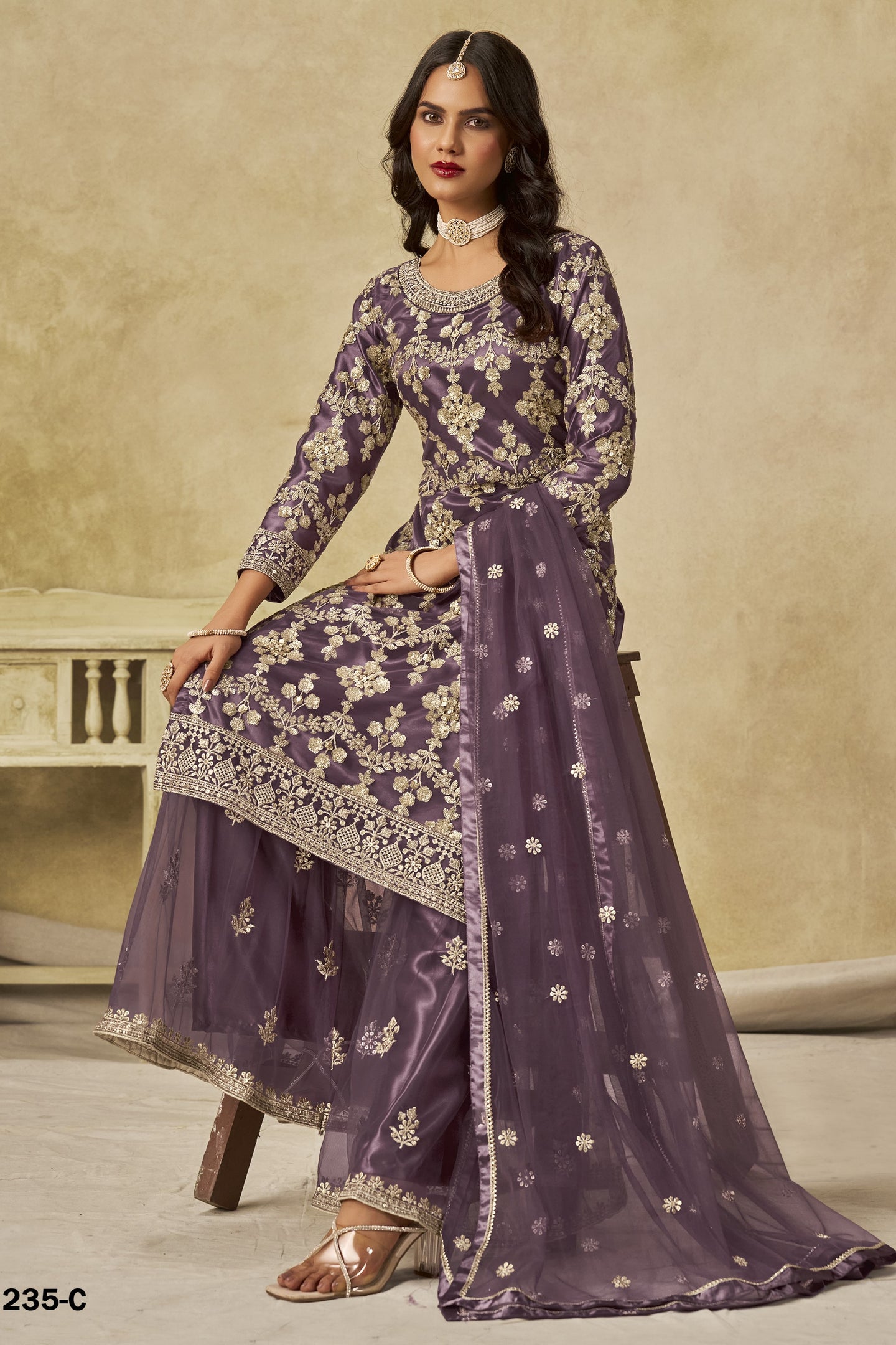 Purple Net Plazo Suit Design for Wedding with Thread and Sequins Embroidery