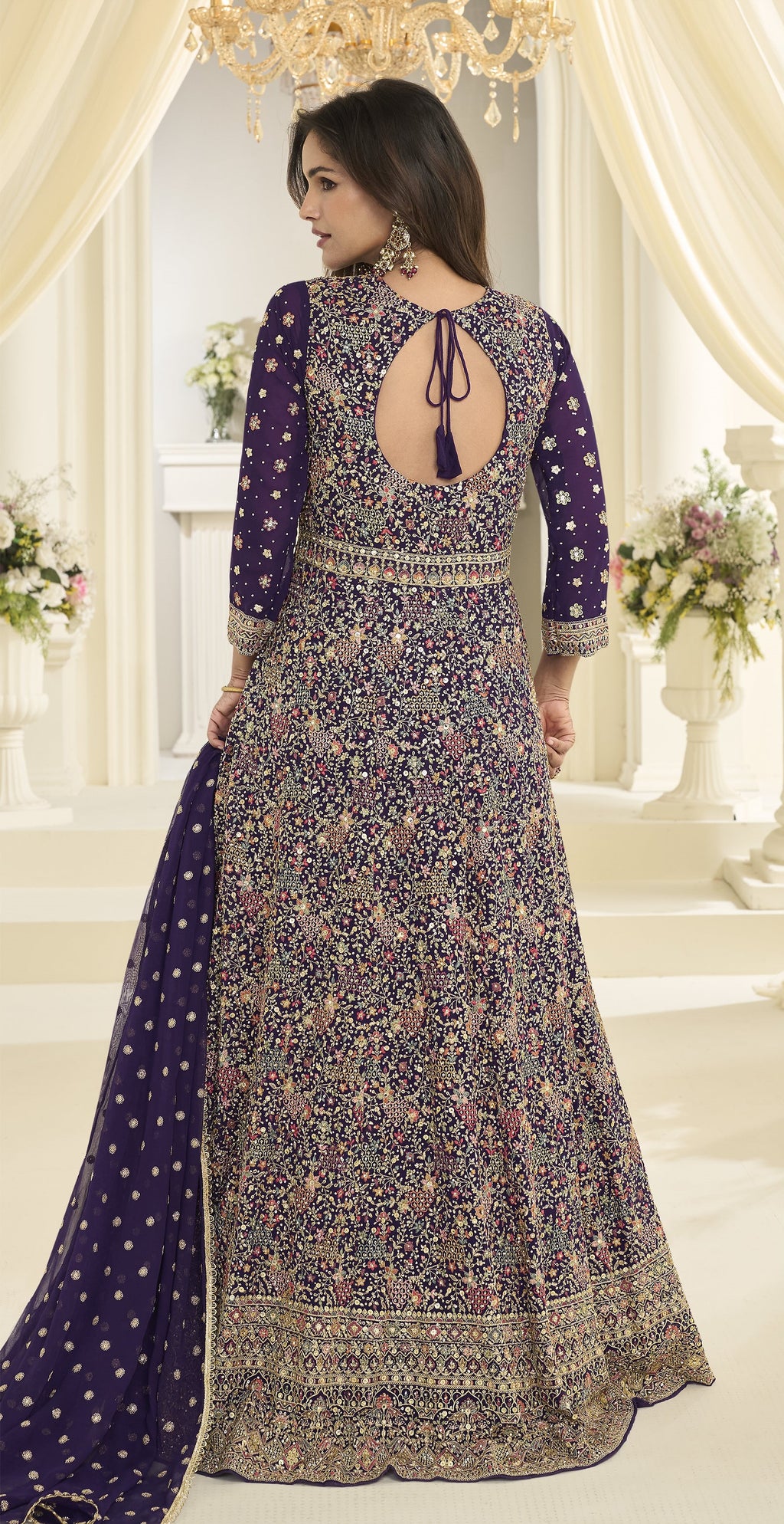 Purple Georgette Anarkali Dress for Sangeet with Zari and Resham Work
