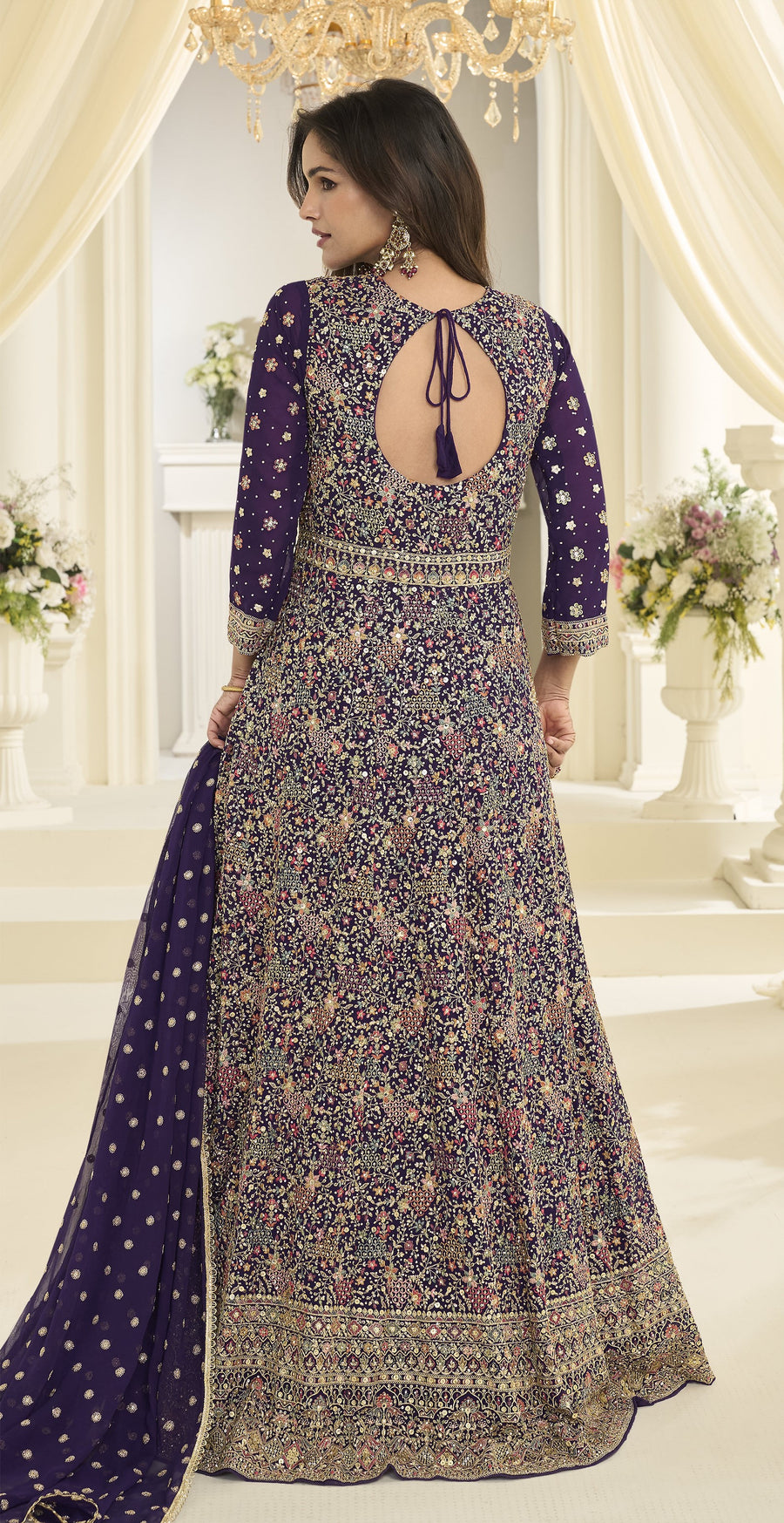 Purple Georgette Anarkali Dress for Sangeet with Zari and Resham Work