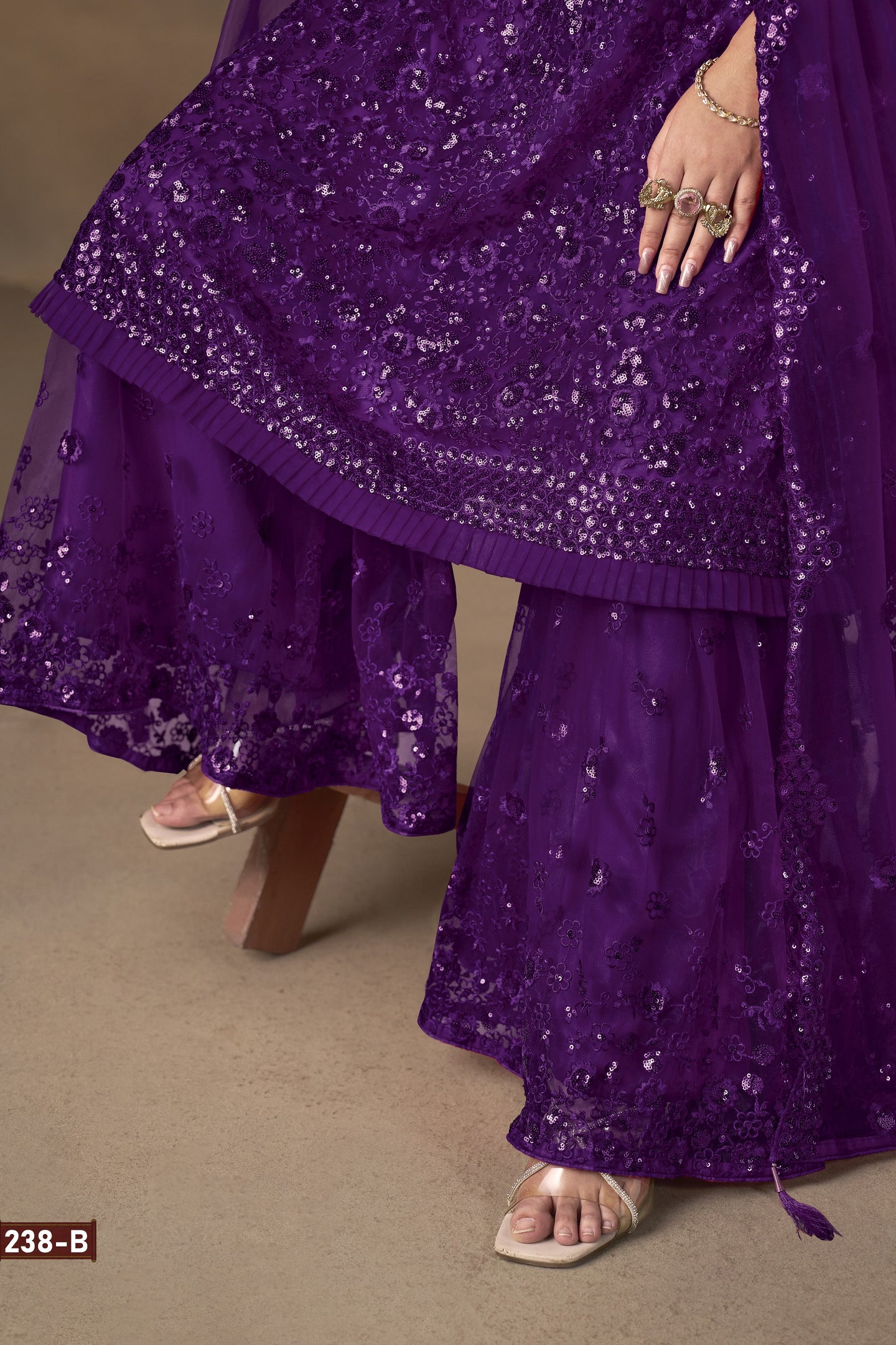 Purple Net Palazzo Sangeet Outfits for Women with Thread and Sequins Embroidery Work