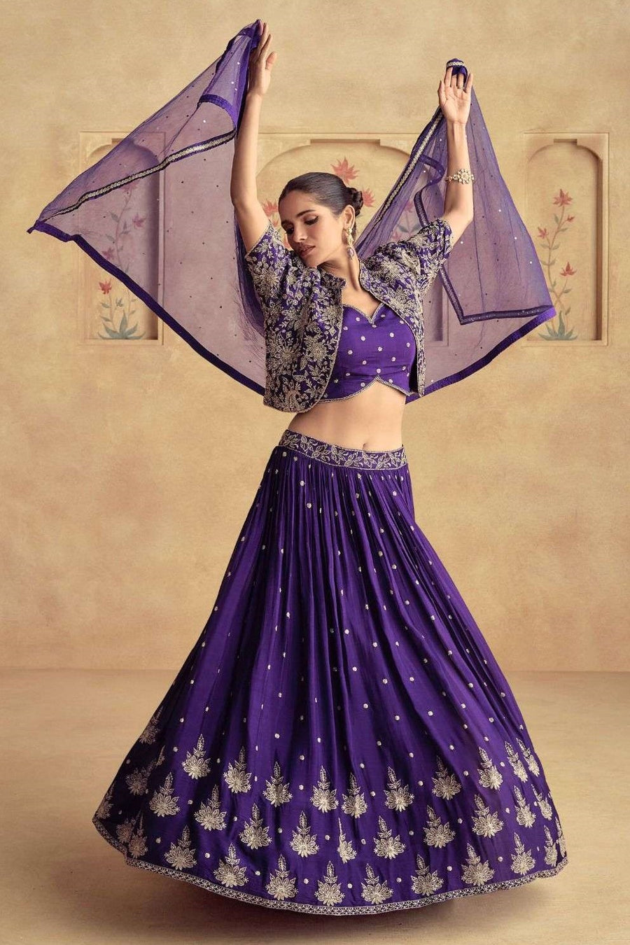 Purple Chinon Silk Wedding Guest Lehenga for Women with Embroidery Work