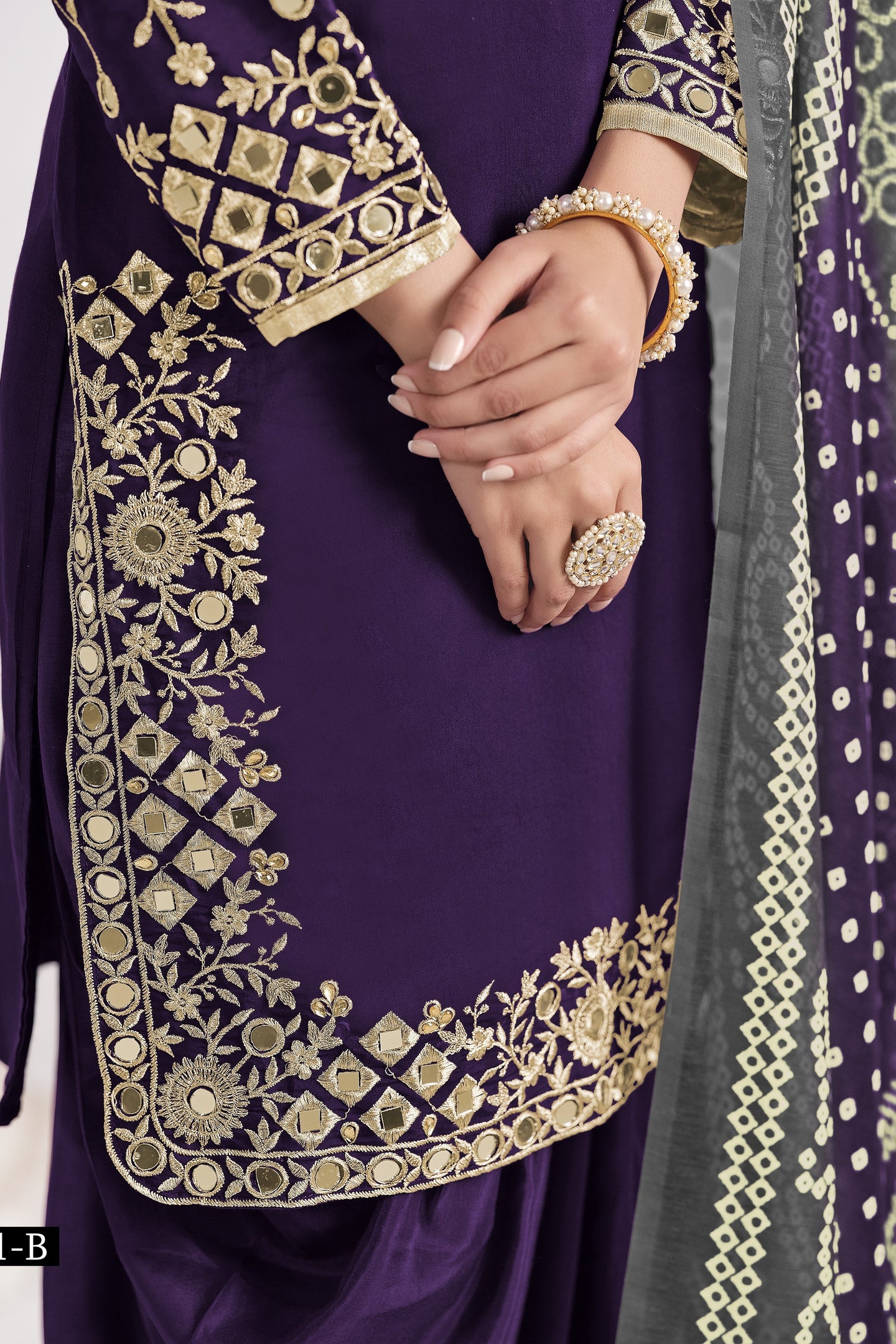 Purple Chinon Silk Wedding Salwar Kameez with Zari and Mirror Work