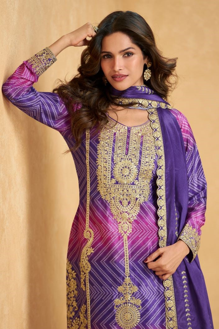 Purple Chinon Silk Bandhani Palazzo Suits with Bandhni Print & Embroidery Work