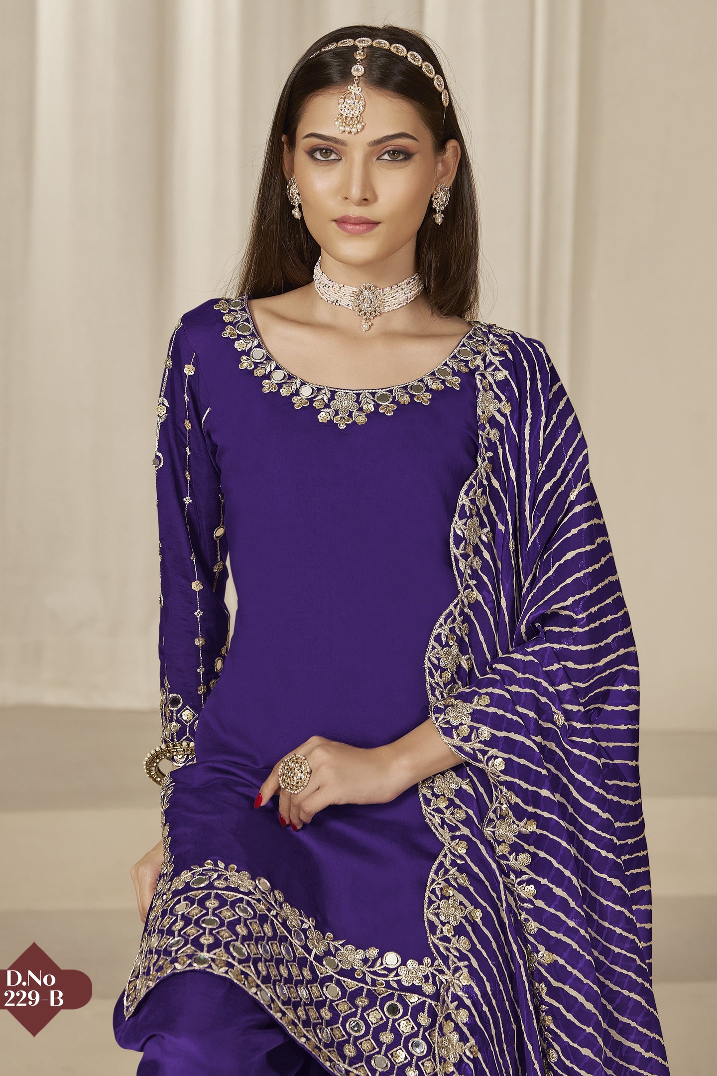 Purple Chinon Silk Salwar Kameez Wedding Guest Suit with Zari and Mirror Work