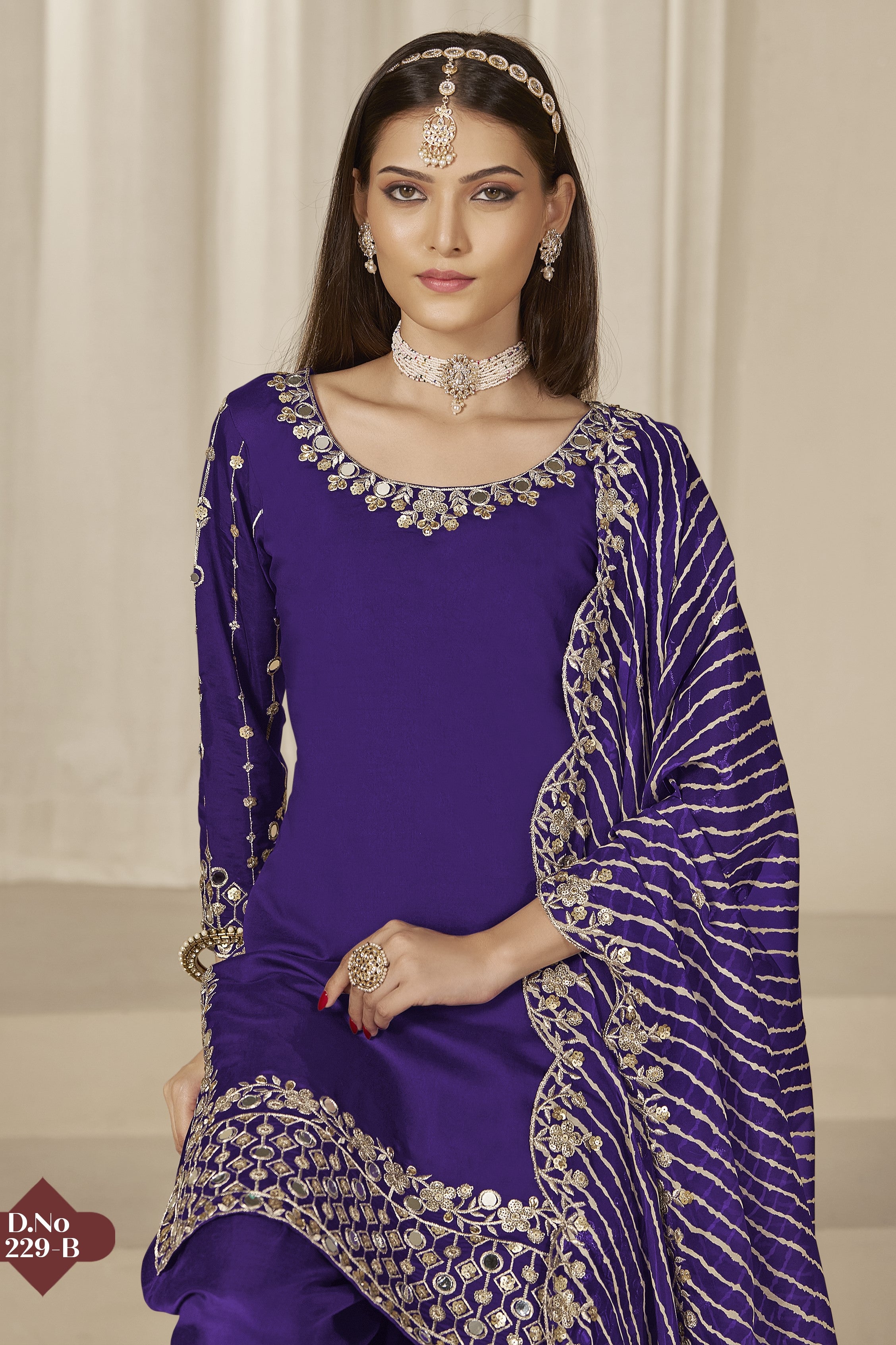 Purple Chinon Silk Salwar Kameez Wedding Guest Suit with Zari and Mirror Work