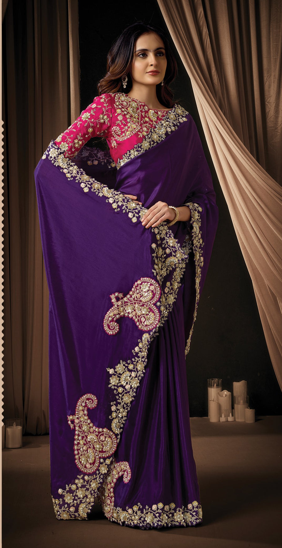 Purple Uppada Silk Saree for Wedding Guest with Sequins and Pearl Work