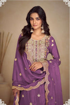 Purple Chinon Silk Thread Work Plazo Dress for Women