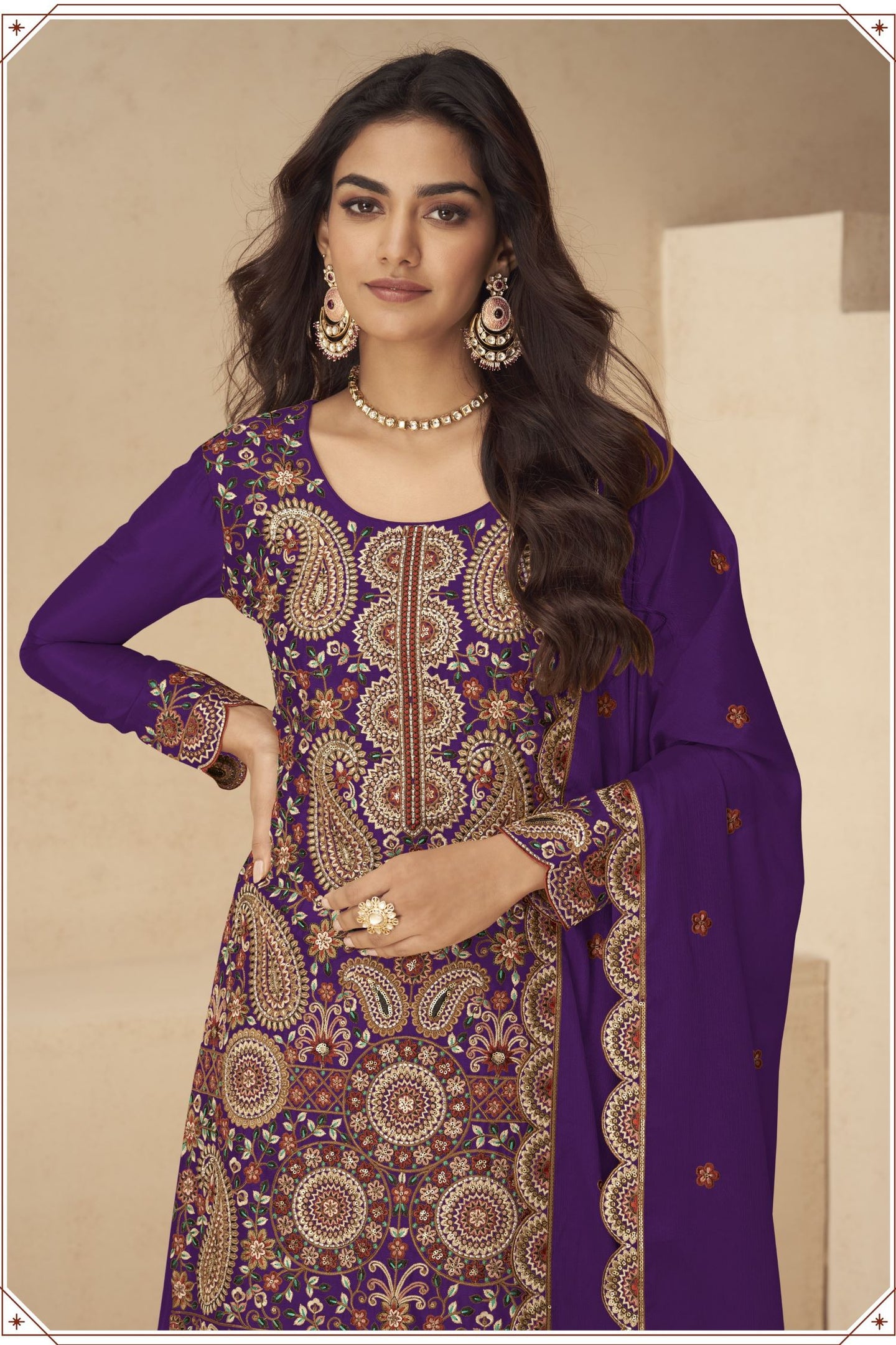 Purple Chinon Silk Plazo Suit for Women with Embroidery