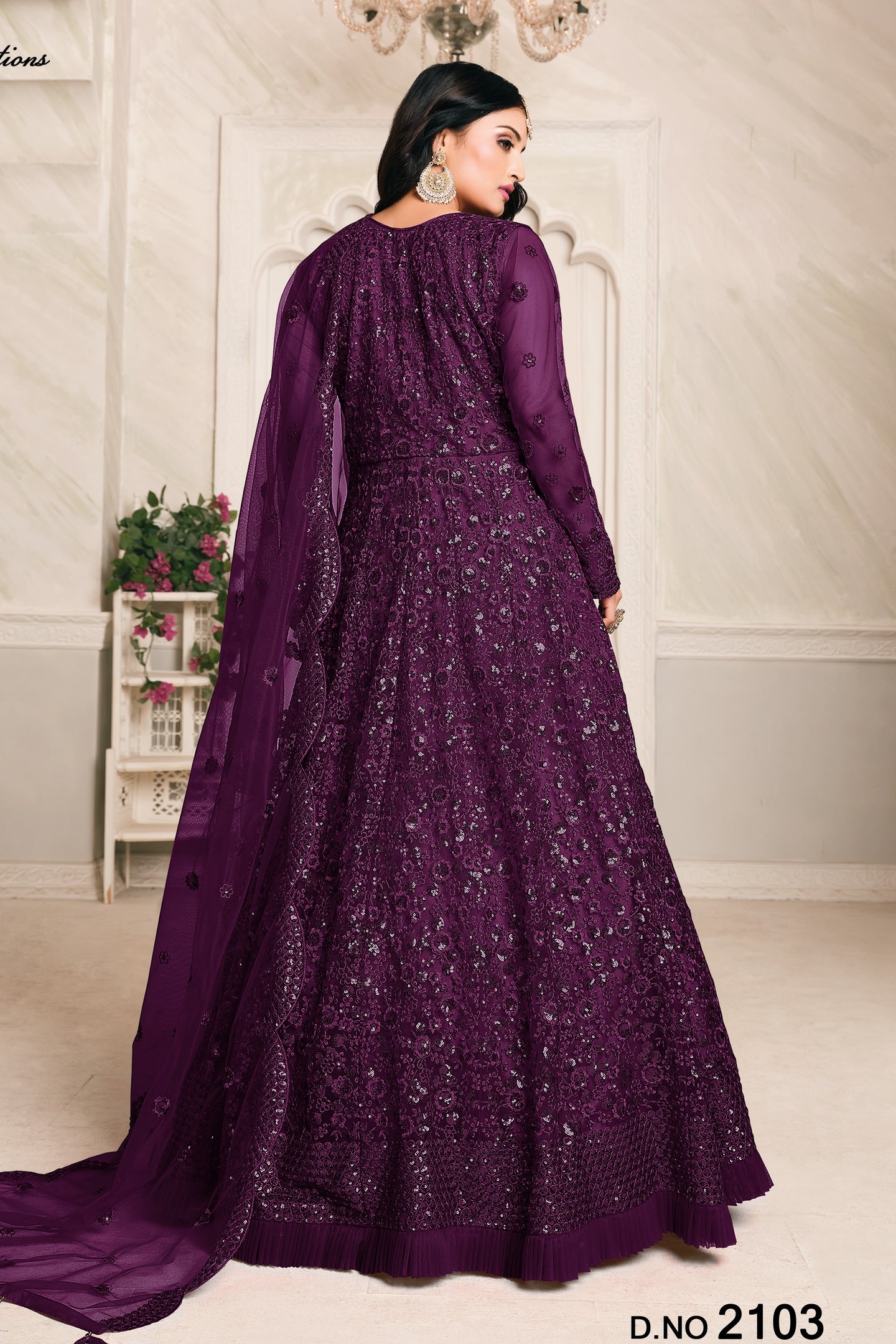 Purple Net Anarkali Outfits for Mehndi with Sequins and Thread Work