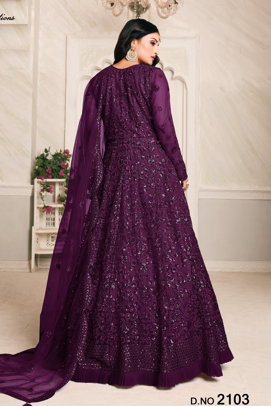 Purple Net Anarkali Outfits for Mehndi with Sequins and Thread Work