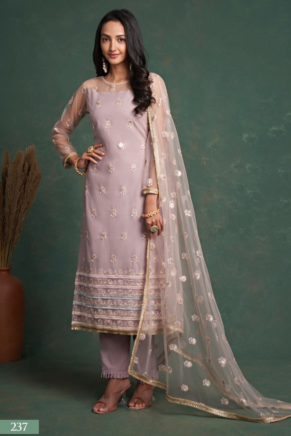 Purple Net Indian Ethnic Wear Kameez with Pant