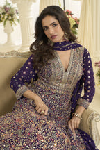 Purple Georgette Anarkali Dress for Sangeet with Zari and Resham Work