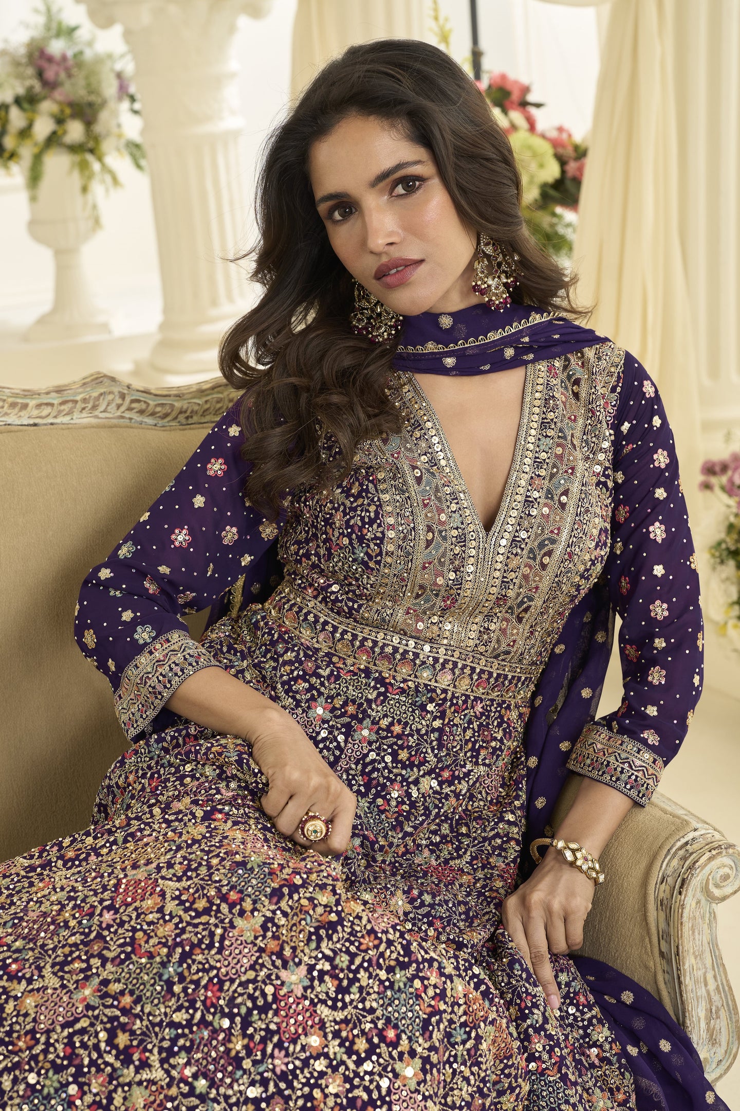 Purple Georgette Anarkali Dress for Sangeet with Zari and Resham Work
