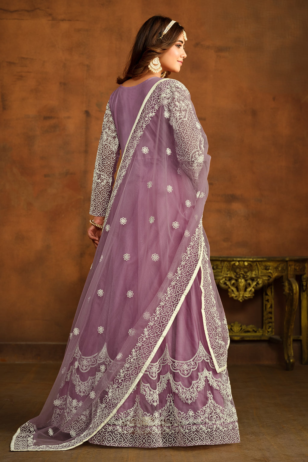 Purple Net Thread Work Anarkali Dress for Reception