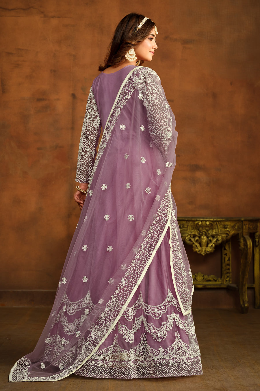Purple Net Thread Work Anarkali Dress for Reception