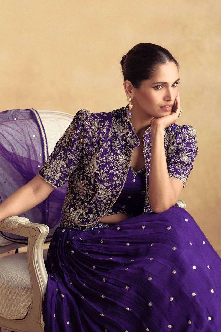 Purple Chinon Silk Wedding Guest Lehenga for Women with Embroidery Work