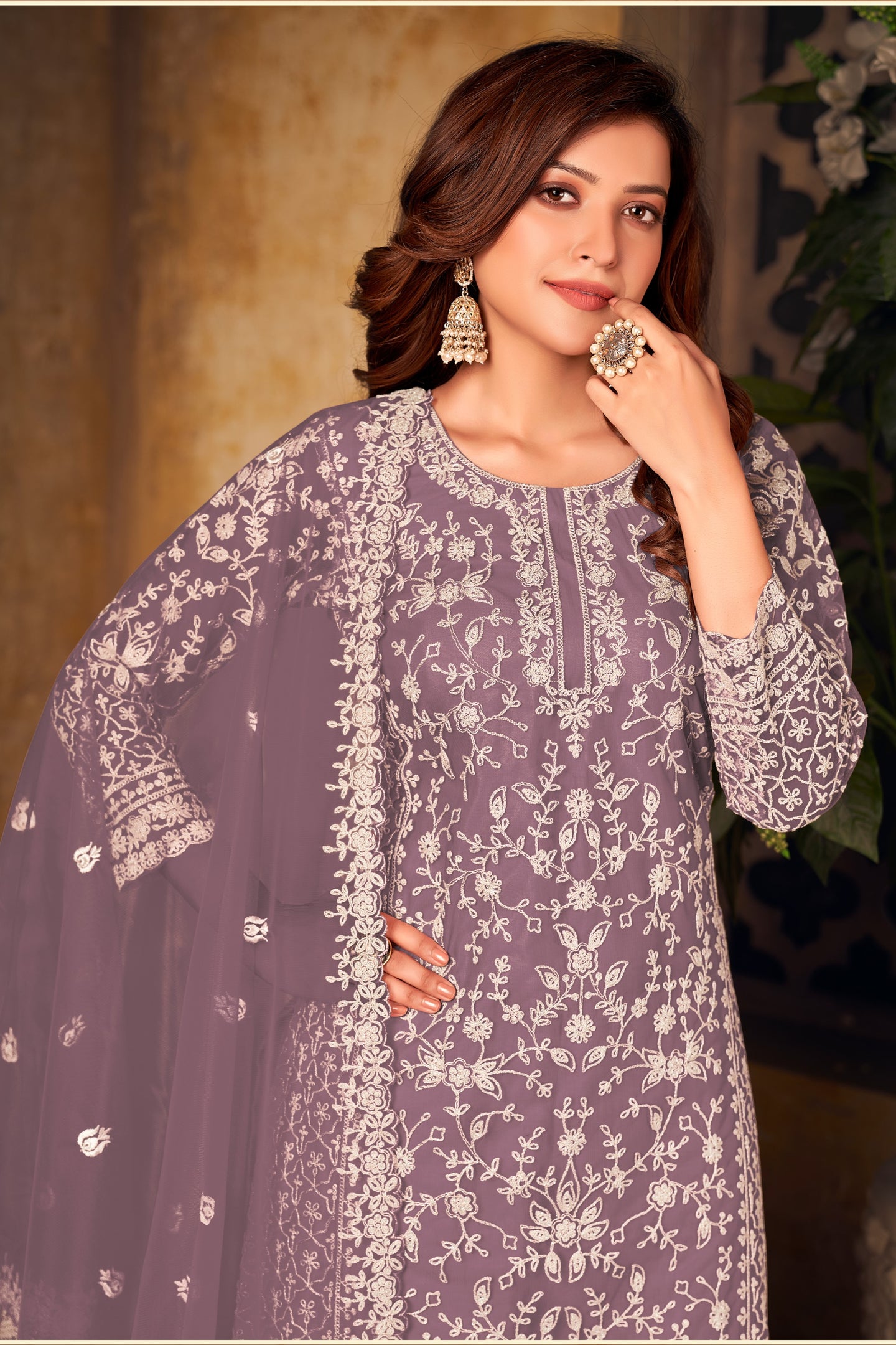 Purple Net Plazo Sangeet Outfits for Women with Thread Work