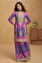 Purple Chinon Silk Bandhani Palazzo Suits with Bandhni Print & Embroidery Work