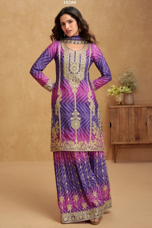 Purple Chinon Silk Bandhani Palazzo Suits with Bandhni Print & Embroidery Work