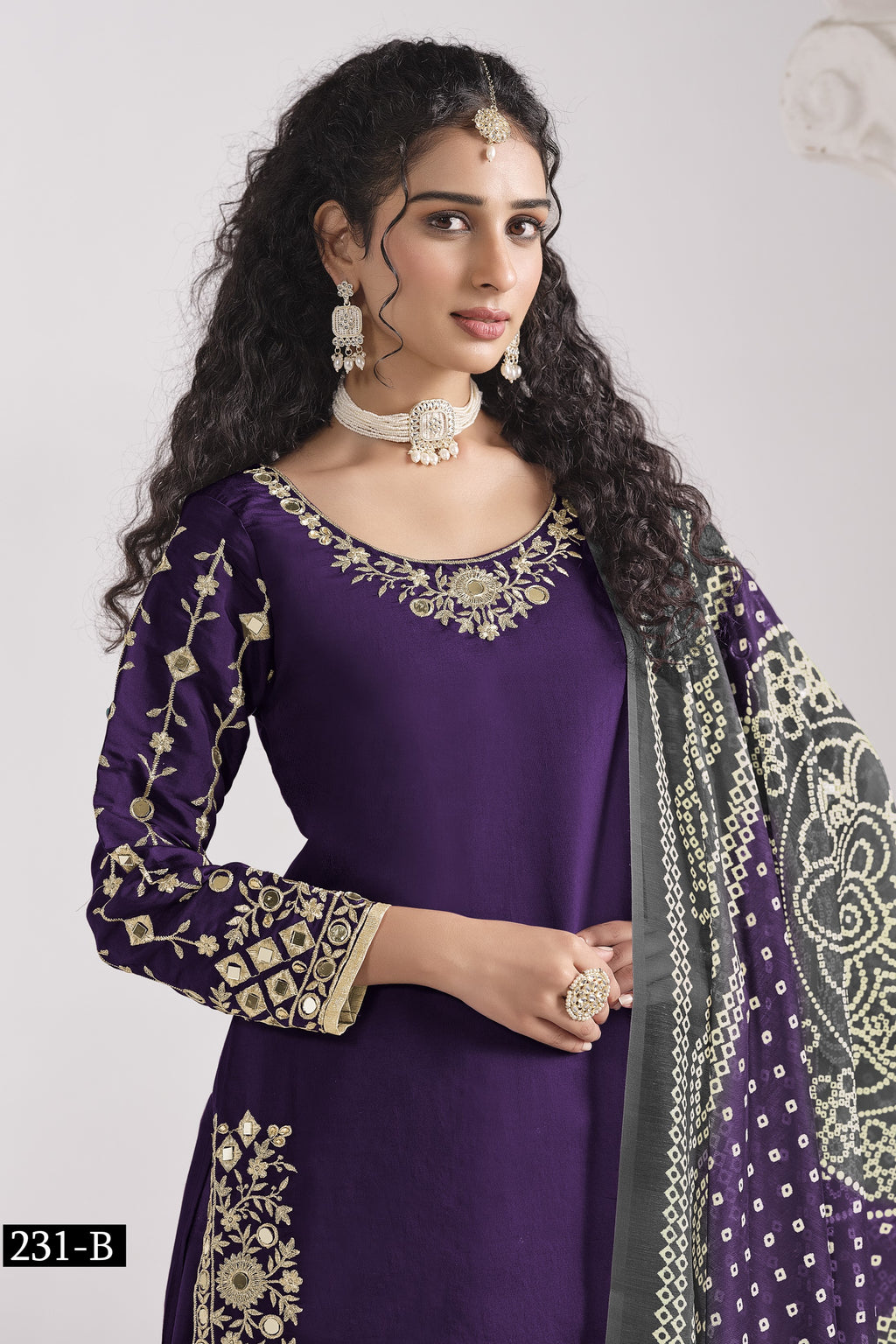 Purple Chinon Silk Wedding Salwar Kameez with Zari and Mirror Work