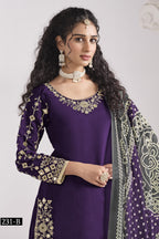 Purple Chinon Silk Wedding Salwar Kameez with Zari and Mirror Work