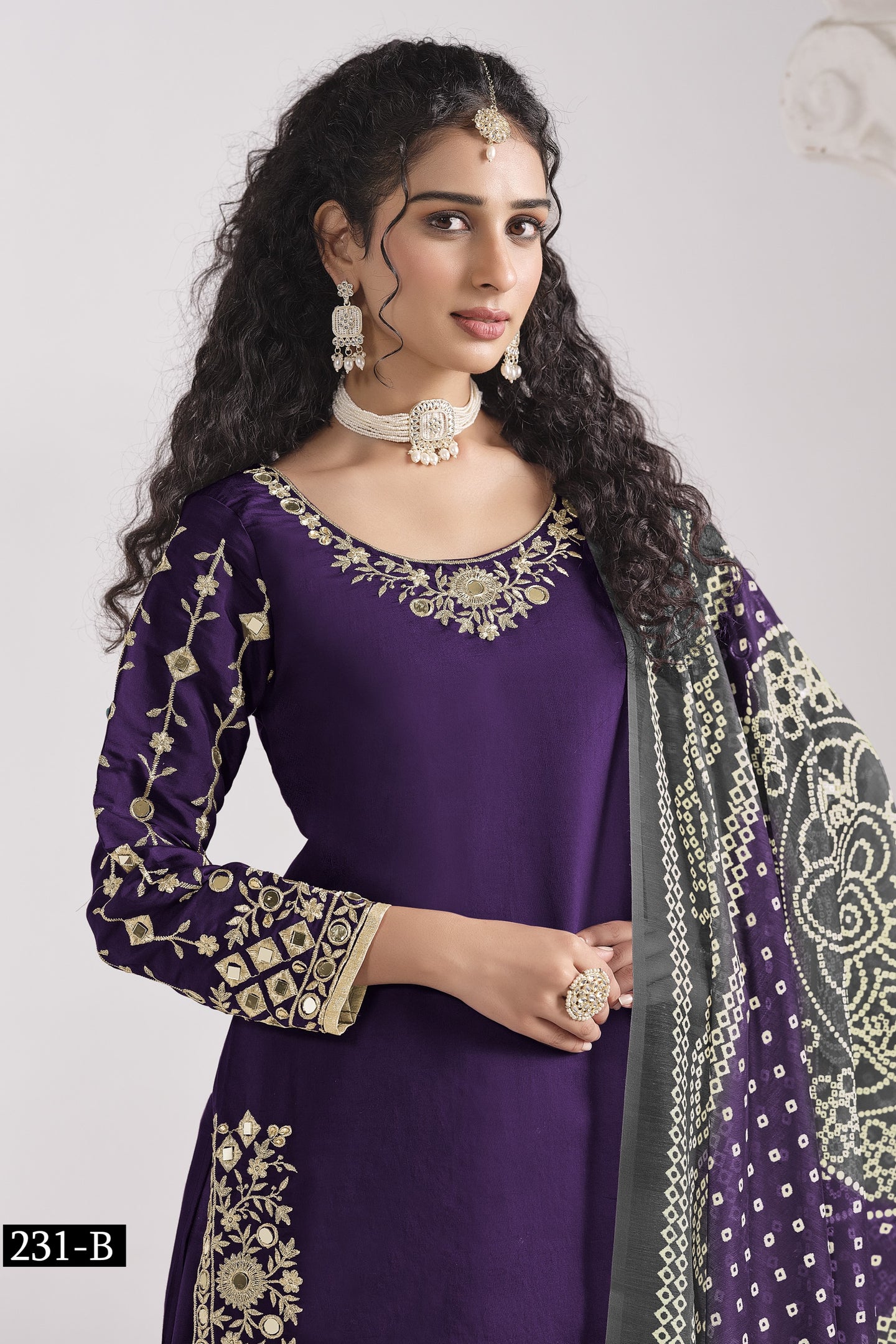 Purple Chinon Silk Wedding Salwar Kameez with Zari and Mirror Work