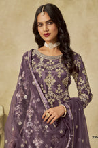 Purple Net Plazo Suit Design for Wedding with Thread and Sequins Embroidery