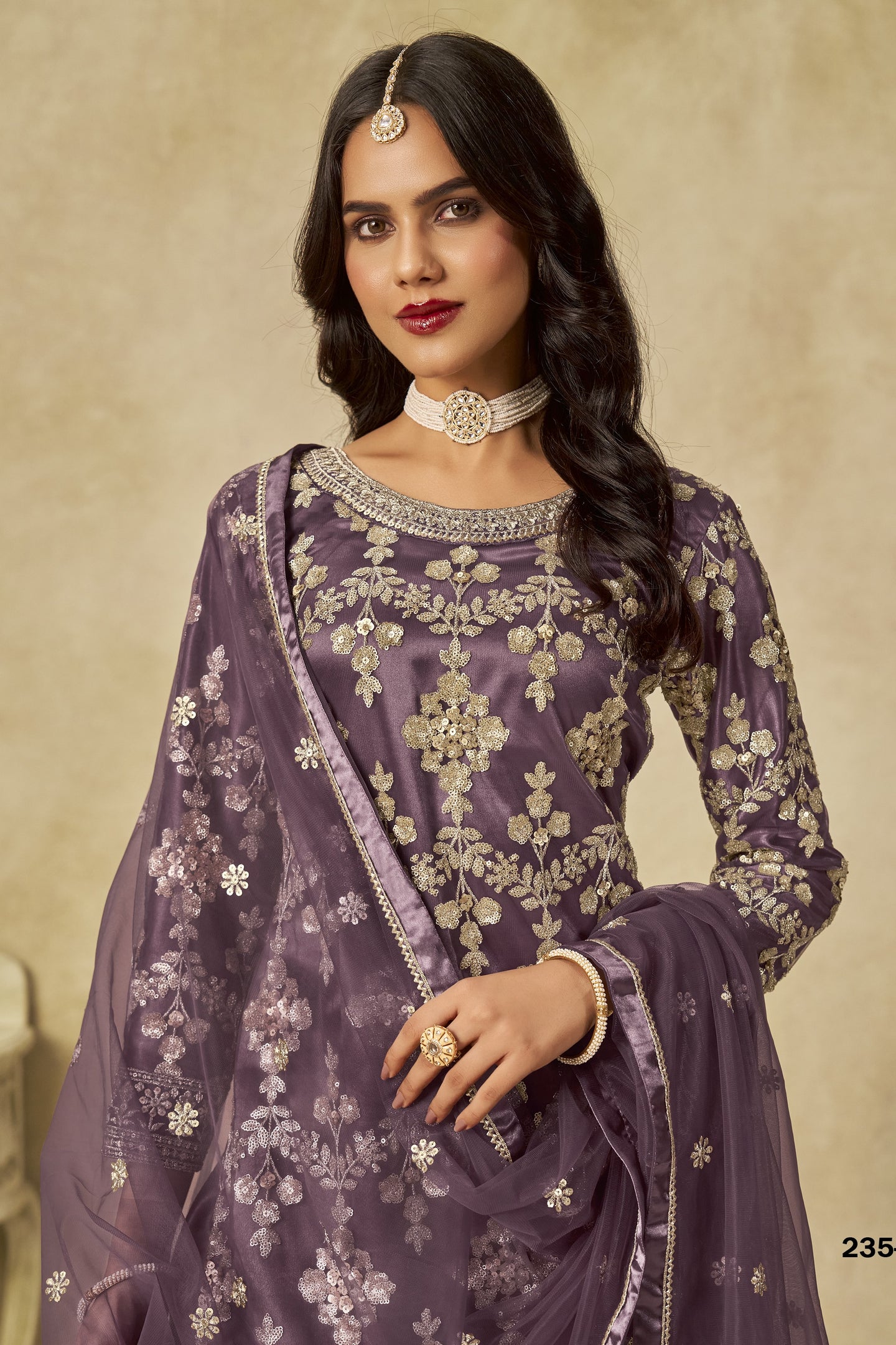 Purple Net Plazo Suit Design for Wedding with Thread and Sequins Embroidery