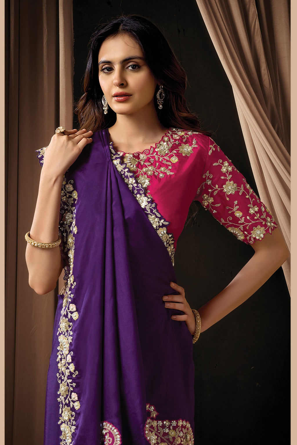 Purple Uppada Silk Saree for Wedding Guest with Sequins and Pearl Work