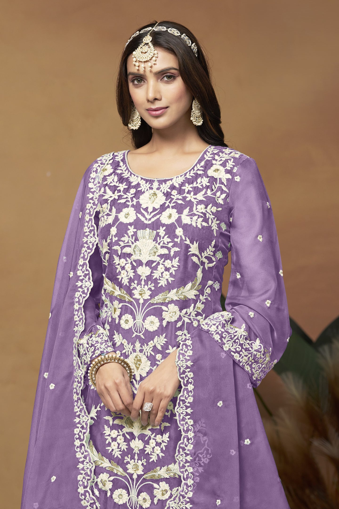 Purple Organza Embroidered Pant Style Suit with Sequins