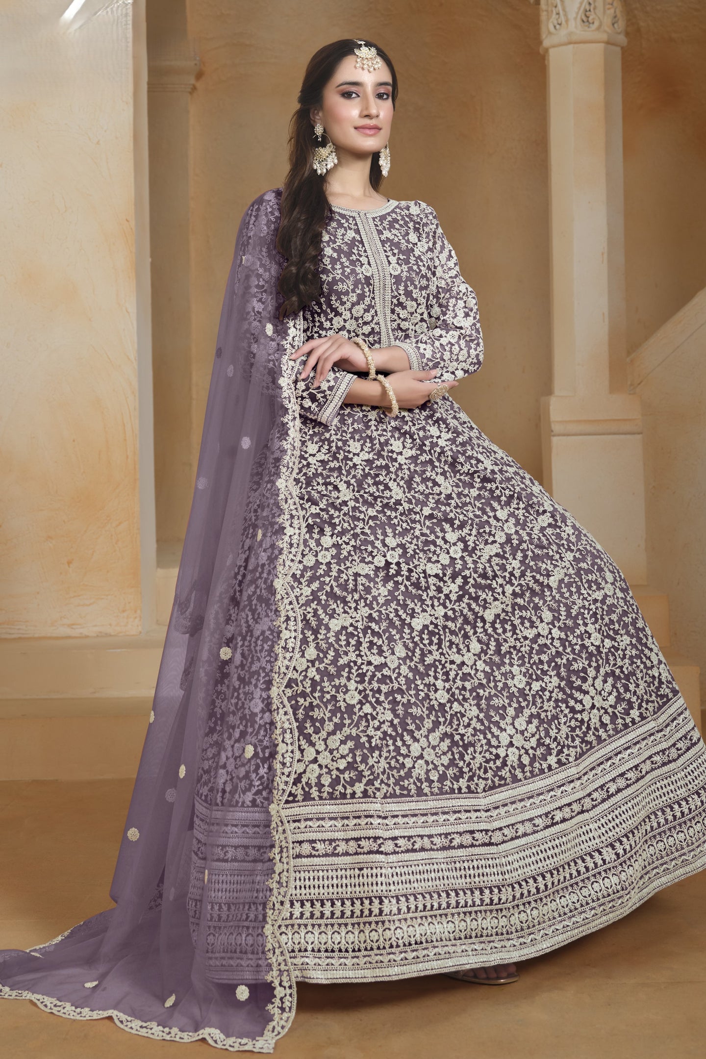 Purple Net Dori Work Anarkali Wedding Guest Suit