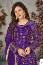 Purple Net Anarkali Dress for Women with Thread and Sequins Embroidery