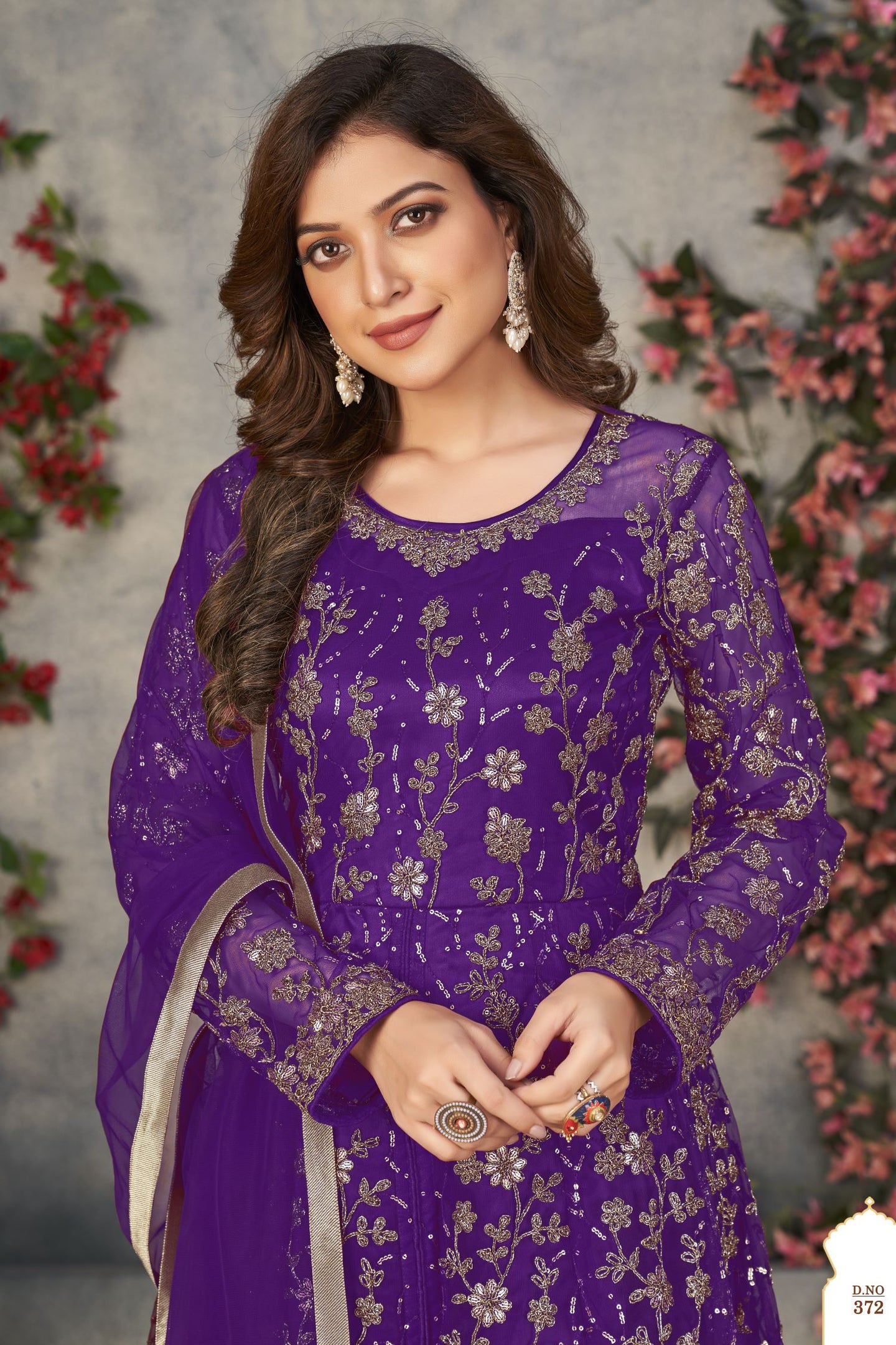 Purple Net Anarkali Dress for Women with Thread and Sequins Embroidery