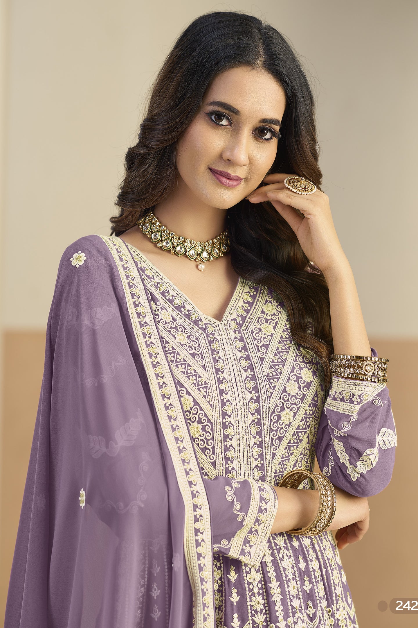 Purple Georgette Anarkali Dress for Sangeet with Sequins & Thread Work