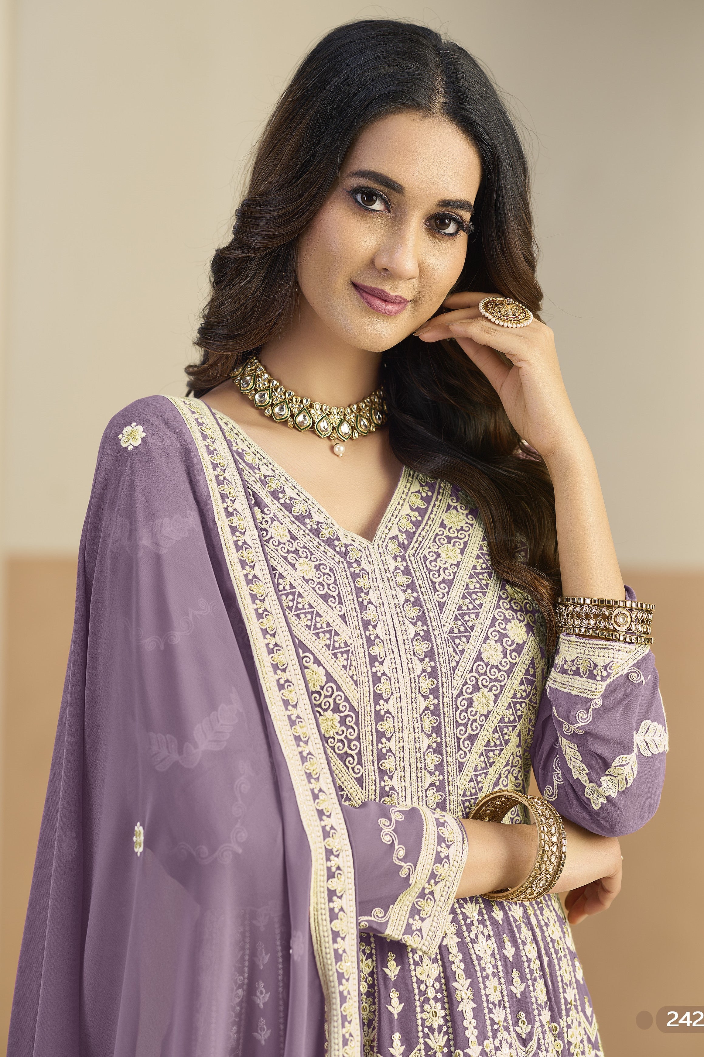 Purple Georgette Anarkali Dress for Sangeet with Sequins & Thread Work