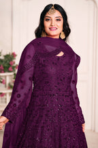 Purple Net Anarkali Outfits for Mehndi with Sequins and Thread Work