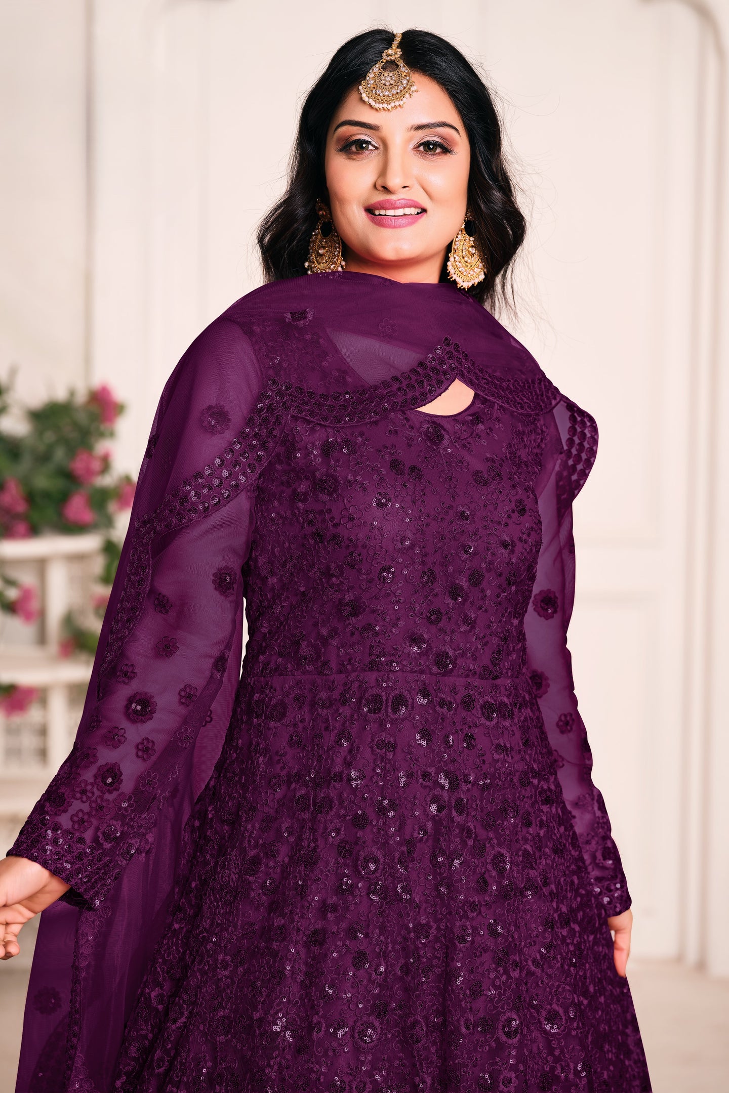 Purple Net Anarkali Outfits for Mehndi with Sequins and Thread Work
