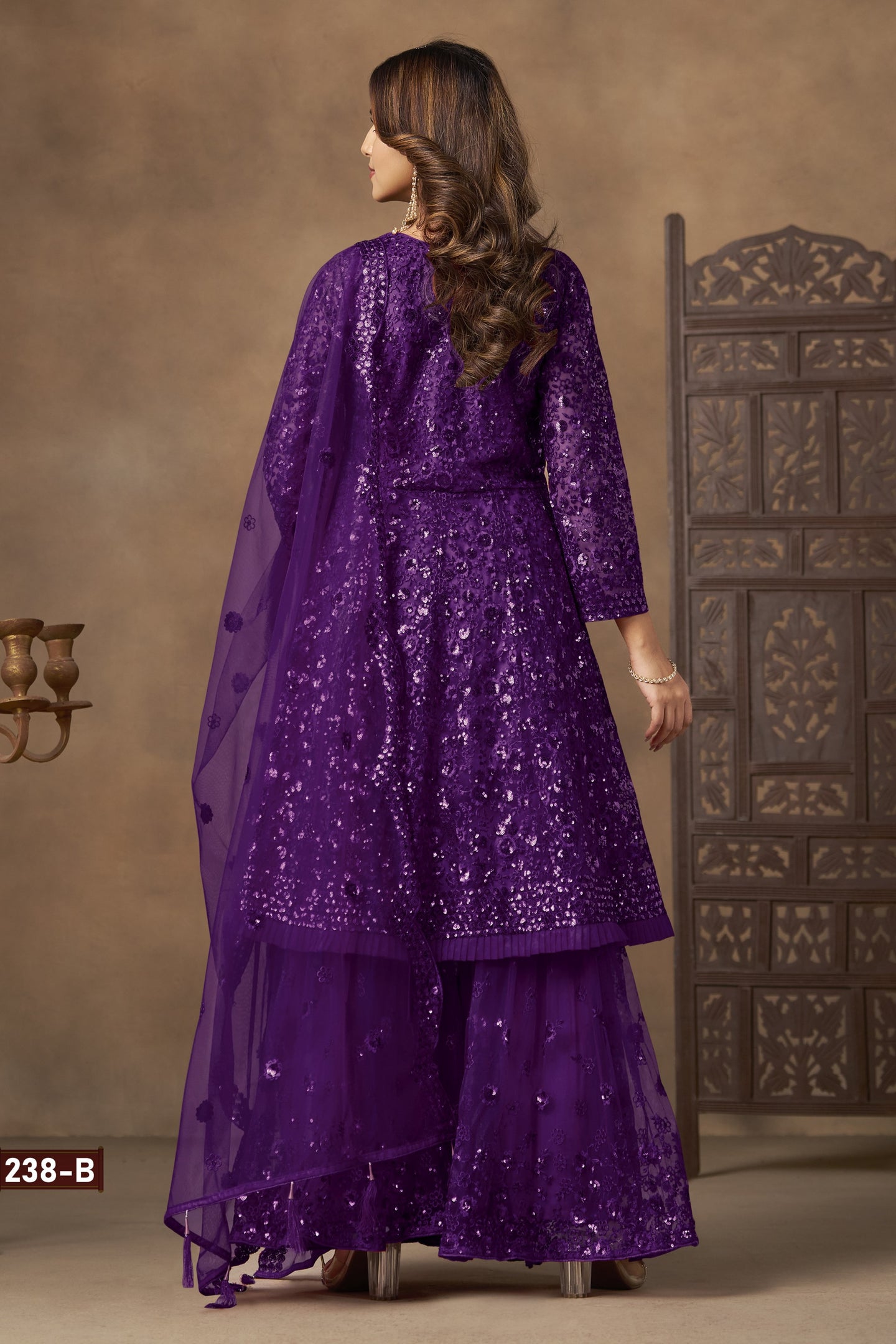 Purple Net Palazzo Sangeet Outfits for Women with Thread and Sequins Embroidery Work