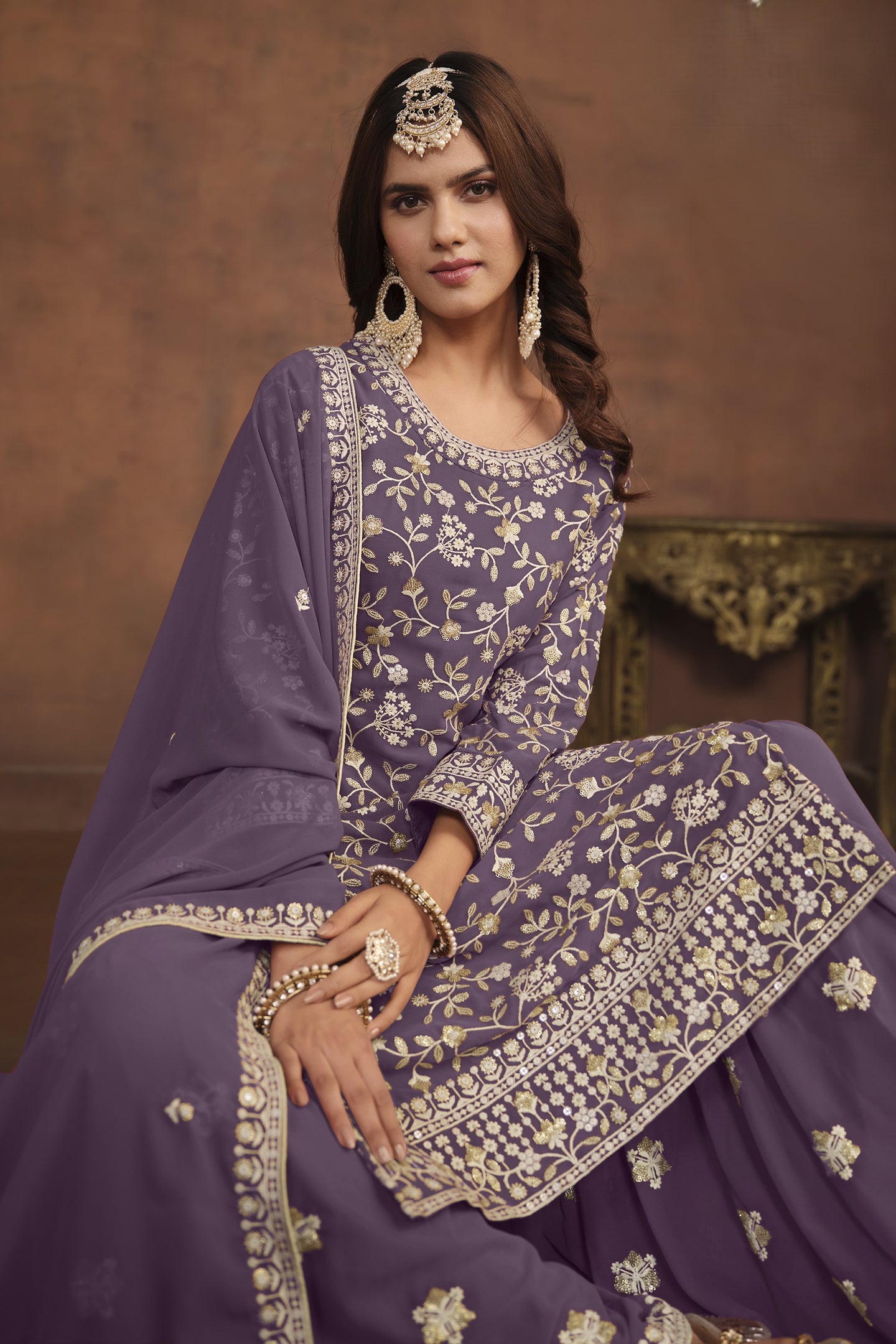 Purple Georgette Sharara Suit for Women with Thread and Sequins Embroidery