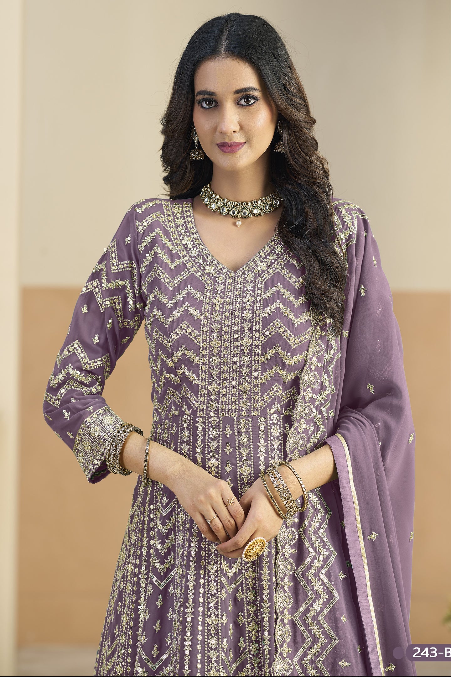 Purple Georgette Anarkali Dress for Wedding with Embroidery Work
