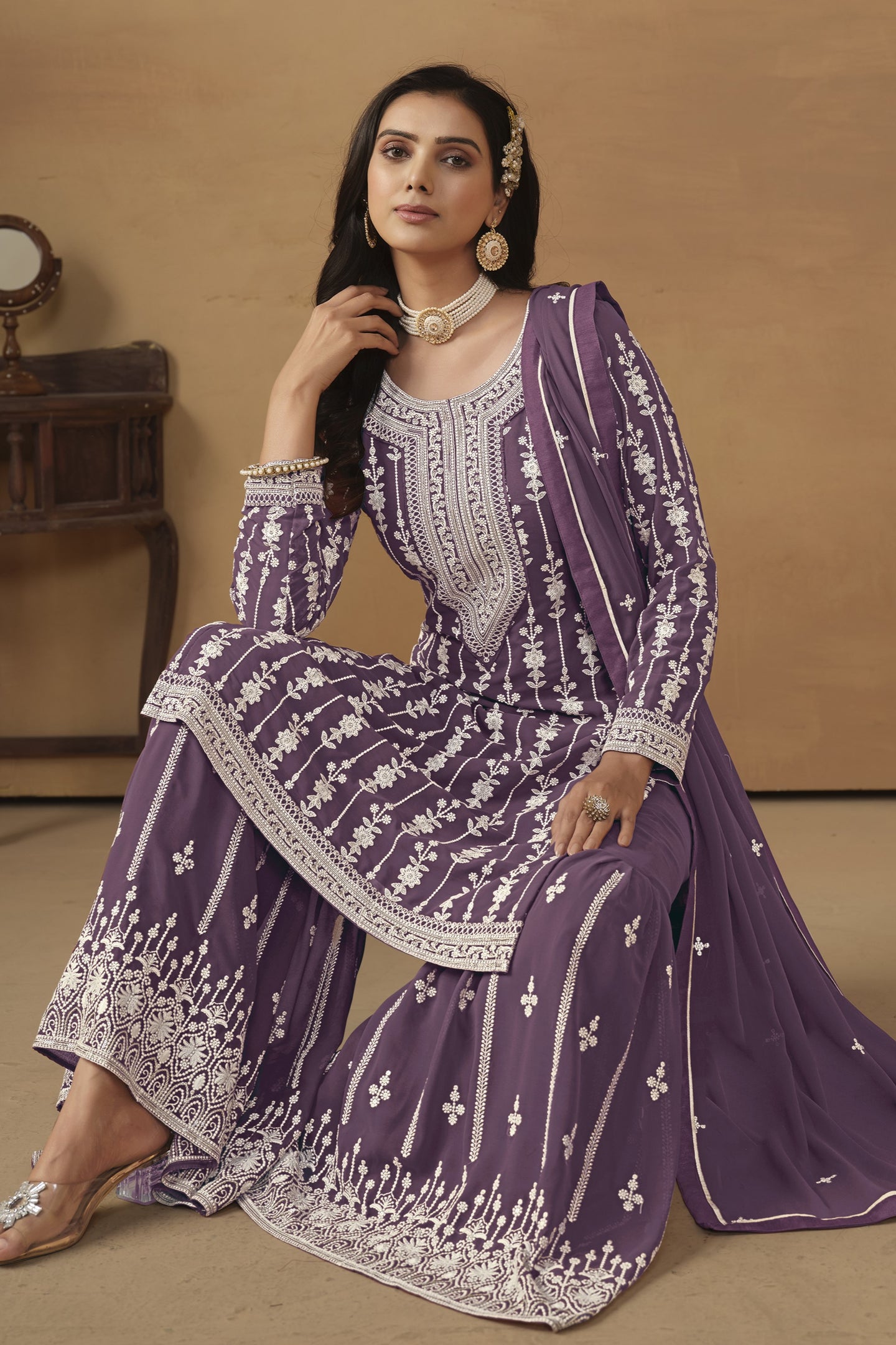 Purple Georgette Thread Embroidery Pakistani Sharara Suits for Wedding