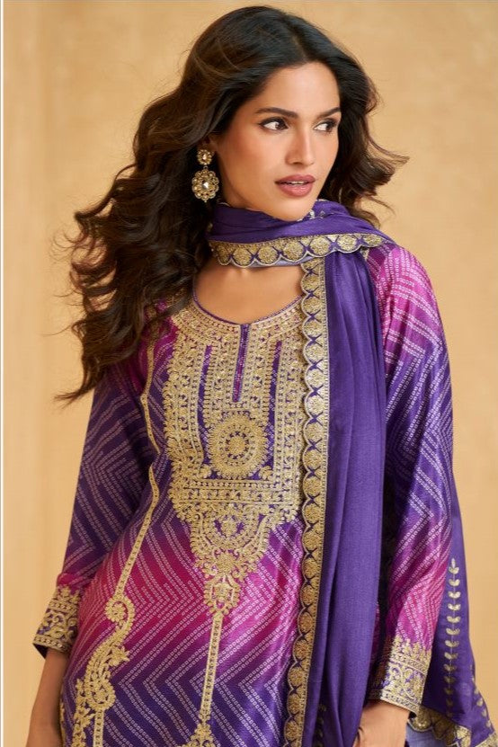 Purple Chinon Silk Bandhani Palazzo Suits with Bandhni Print & Embroidery Work