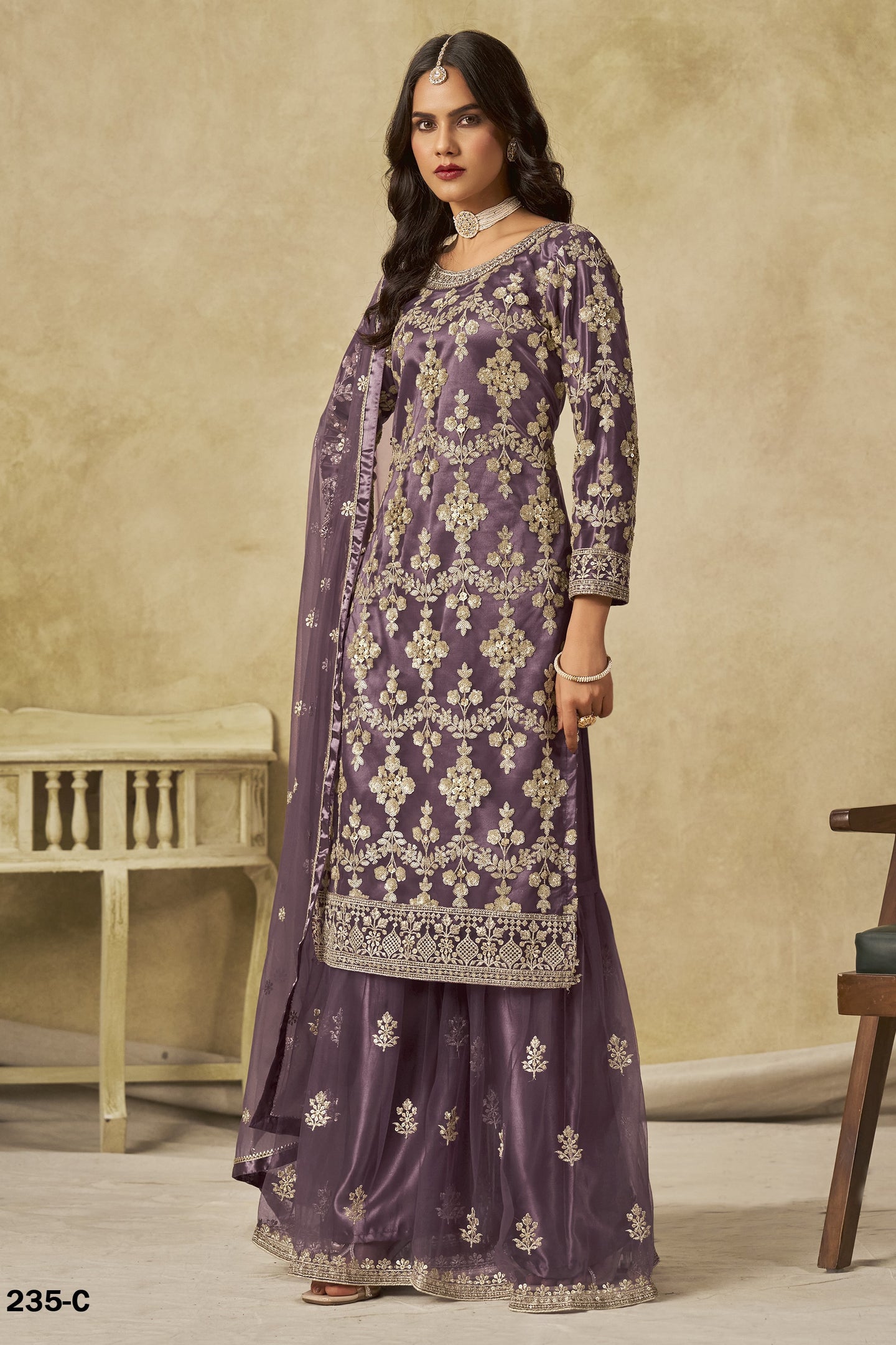 Purple Net Plazo Suit Design for Wedding with Thread and Sequins Embroidery