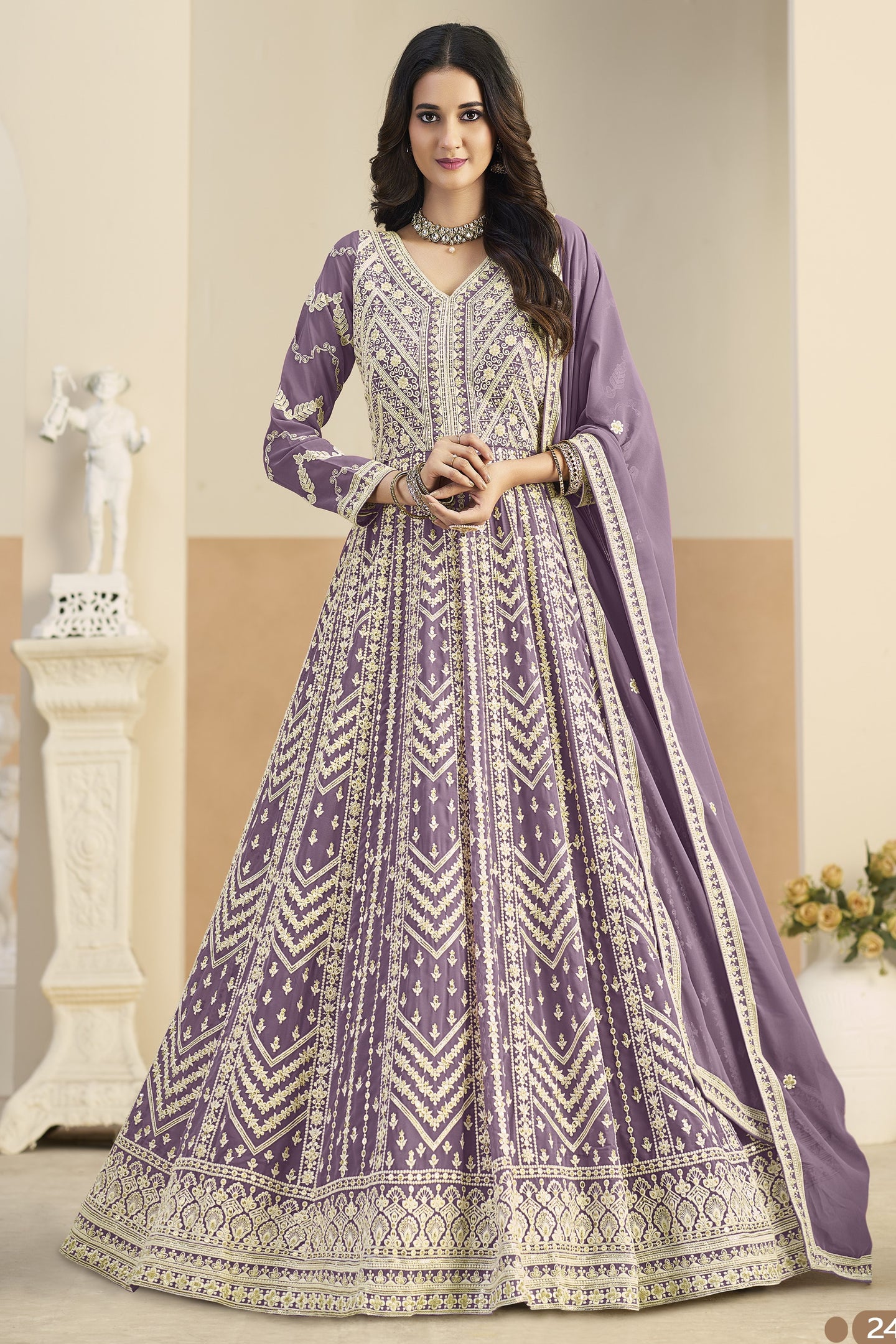 Purple Georgette Anarkali Dress for Sangeet with Sequins & Thread Work