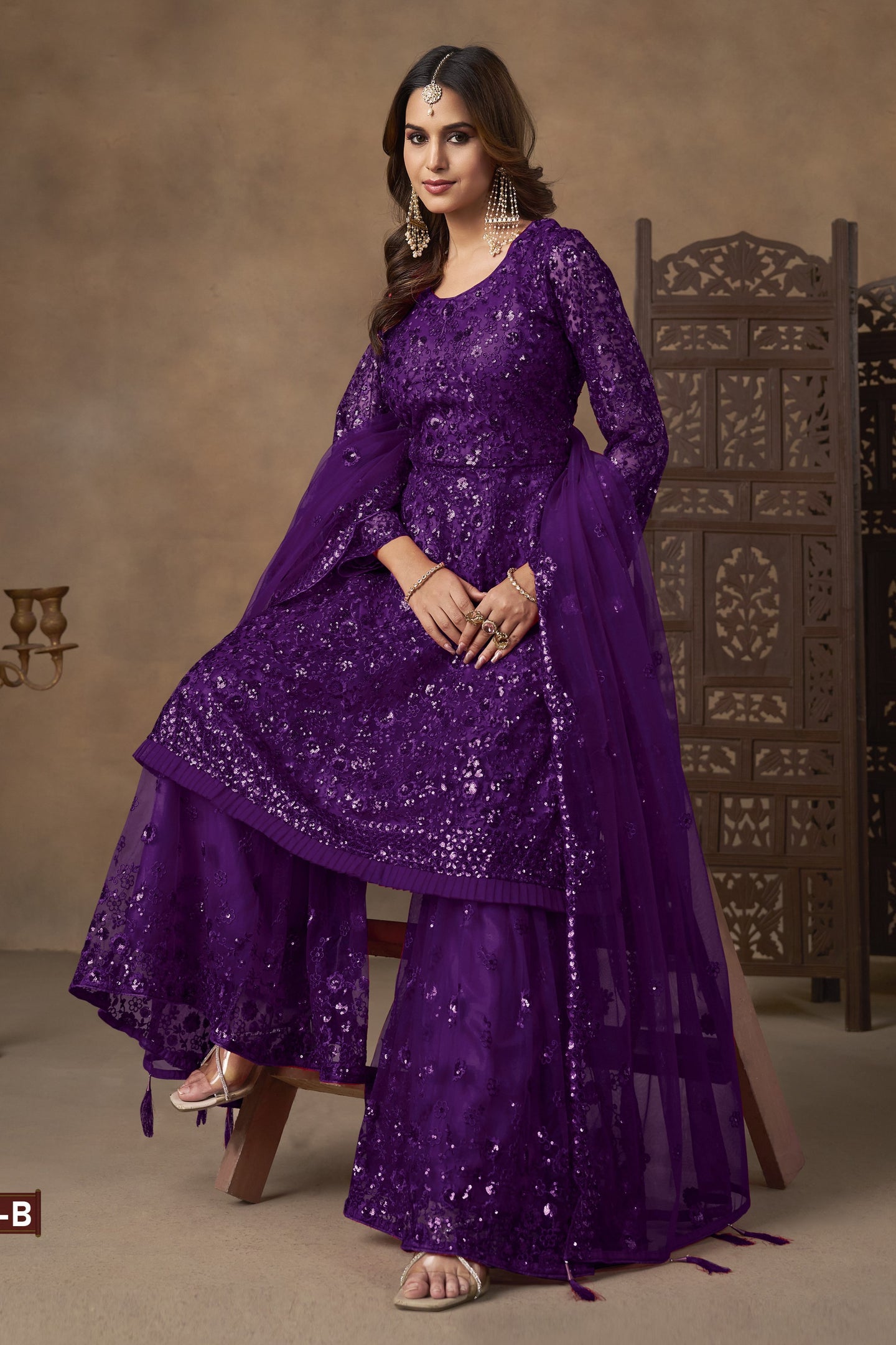 Purple Net Palazzo Sangeet Outfits for Women with Thread and Sequins Embroidery Work