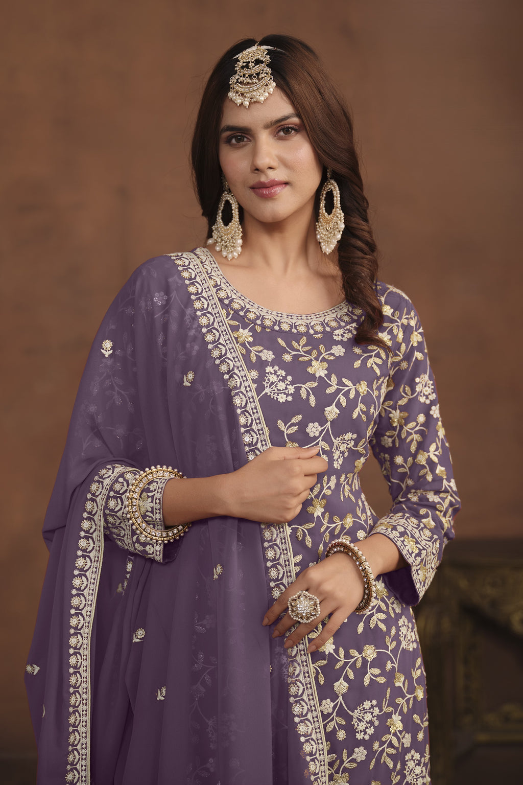 Purple Georgette Sharara Suit for Women with Thread and Sequins Embroidery