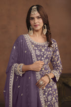 Purple Georgette Sharara Suit for Women with Thread and Sequins Embroidery